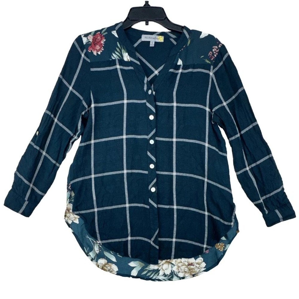 Figueroa & Flower Plaid Floral Print‎ Button Down Long Sleeve Top Women's Size S